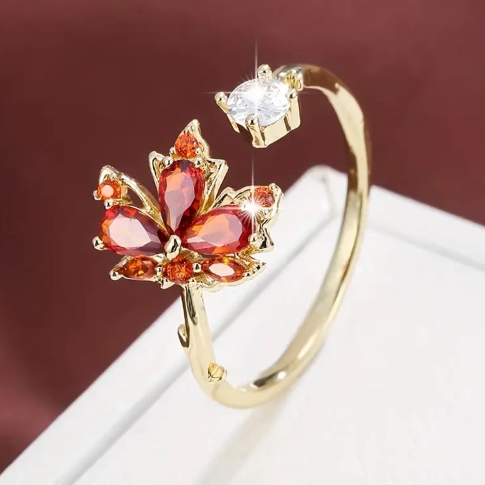 Gold Ring with Orange Gemstone Floral Accent